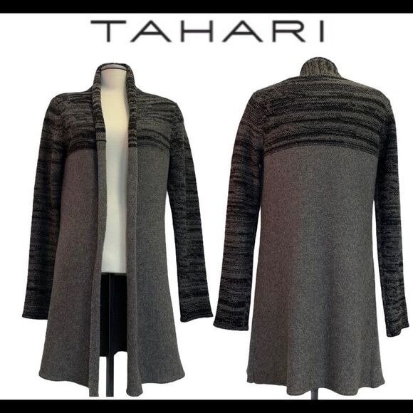 TAHARI gray wool/Yak cardigan sweater Sz L - Picture 1 of 9